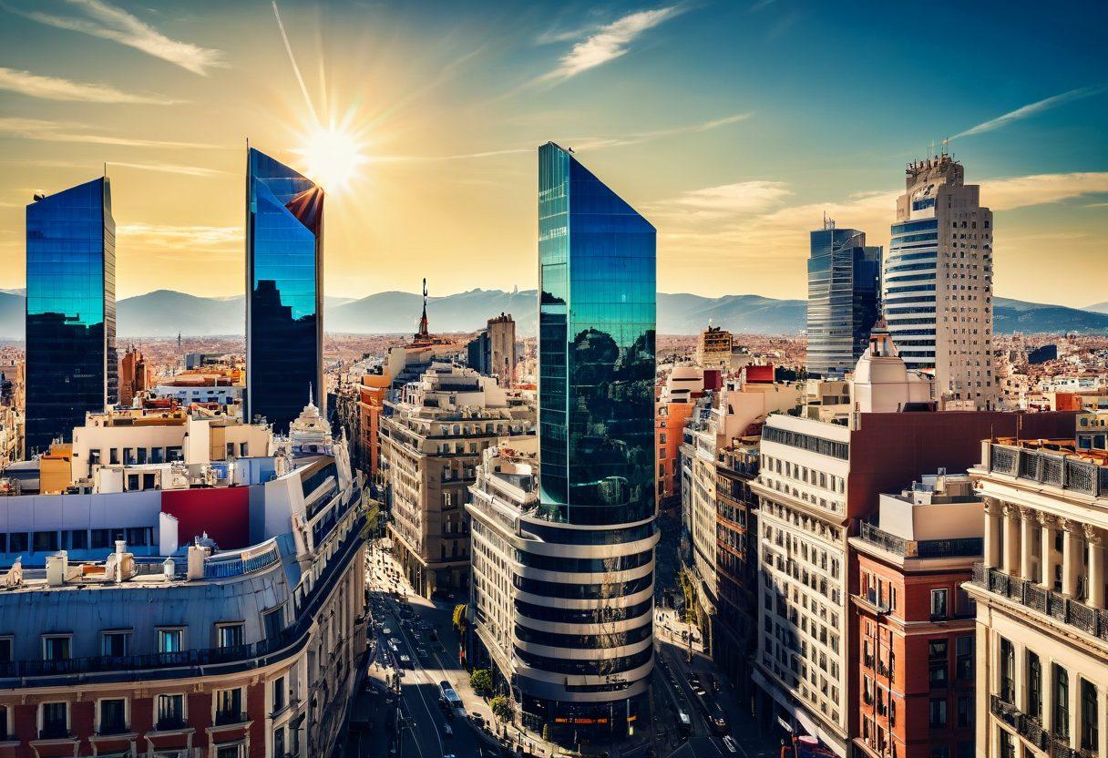 A dynamic skyline of Madrid with iconic buildings and sunny weather, featuring diverse professionals shaking hands and collaborating in modern office spaces. Include elements like resumes, computers, and recruitment ads. super-realistic. vibrant colors. professional theme.