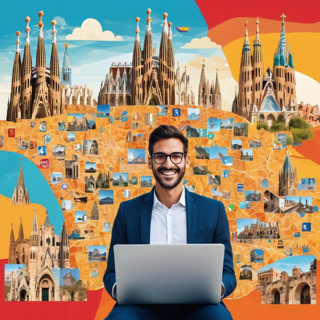 A dynamic collage featuring a smiling job seeker using a laptop, iconic Spanish landmarks like the Sagrada Familia and Alhambra, digital elements such as a search bar, CV icons, and social media logos, all set against a vibrant map of Spain. Vector art. vibrant colors. modern design.